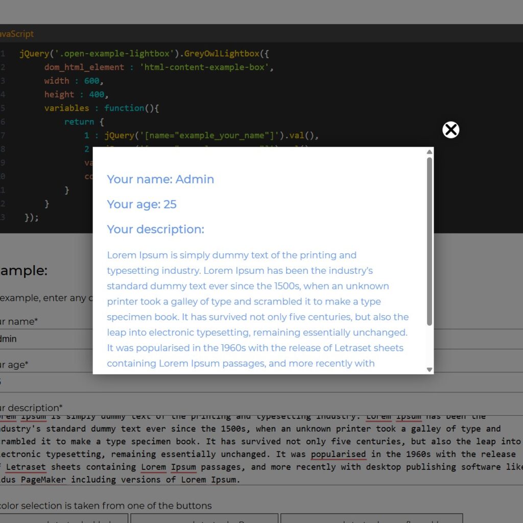Opens HTML element from DOM in lightbox