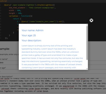 Opens HTML element from DOM in lightbox